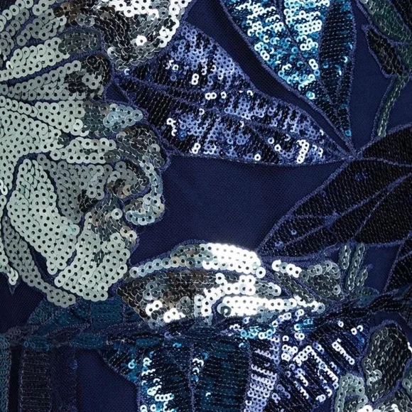 Marchesa Notte Blue Silver Sequin Floral Embellished Midi Dress 16 - Picture 6 of 6